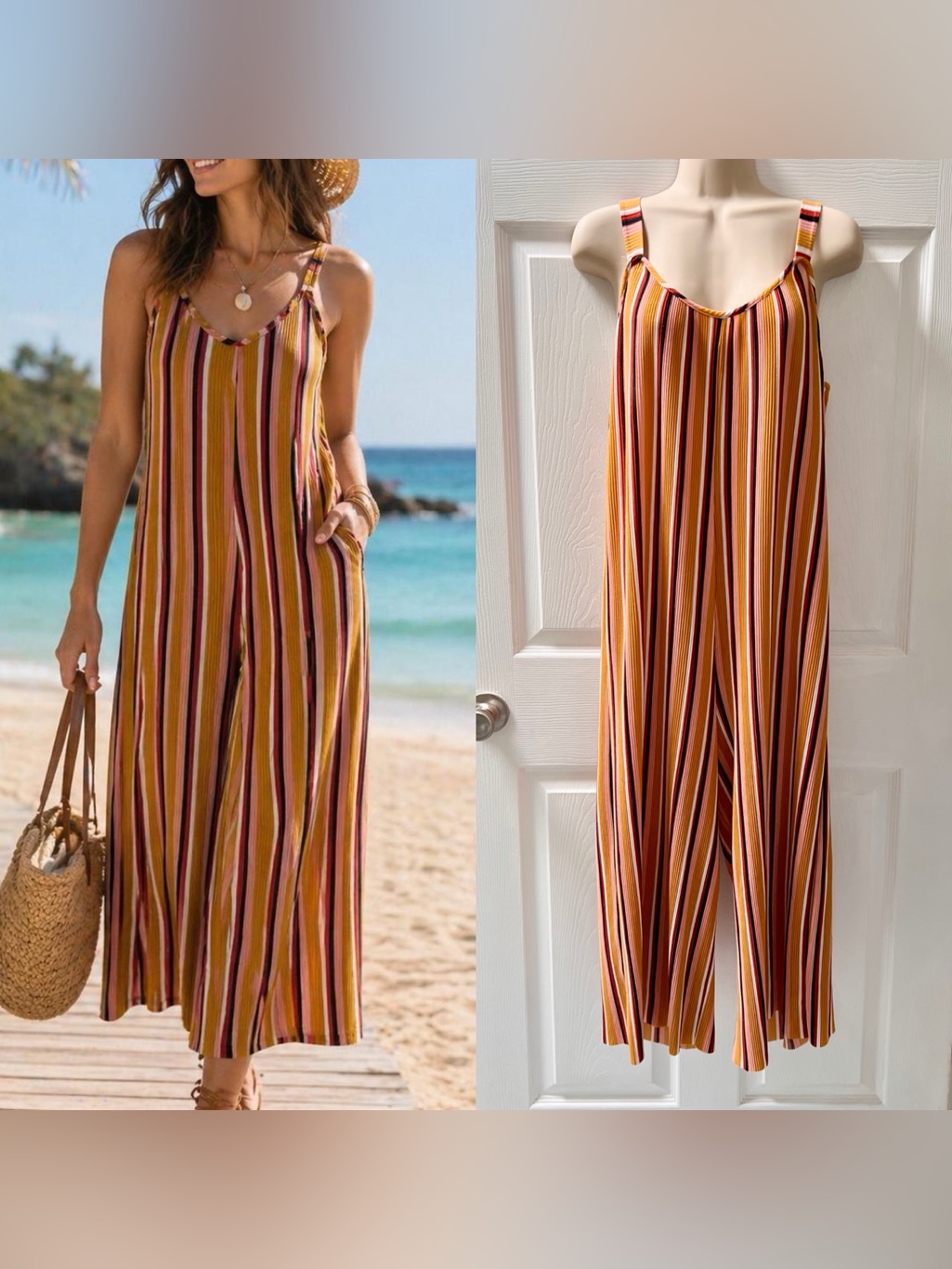 Wild Fable Striped Wide-Leg Sleeveless Ribbed Jumpsuit, Mustard Multi, 70s, Xl
